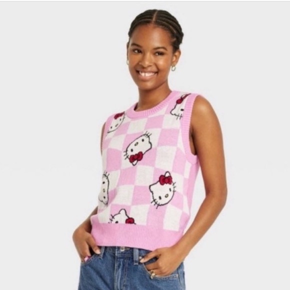 Hello Kitty Sweaters - Hello Kitty Sweater Vest Kawaii Y2K Cute Girly Checkered Pink